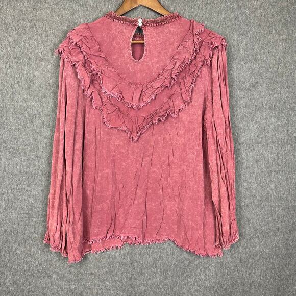 143 Story Maroon Acid Wash Top Sz L Raw Hem Pioneer Renaissance Ruffled Rayon - Picture 5 of 8